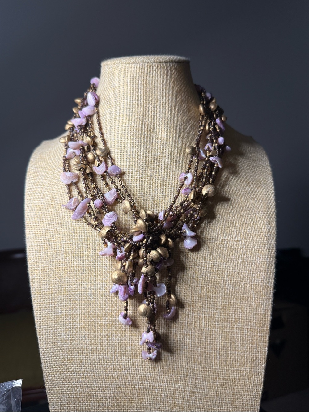 Multi-Strand Gold and Lavender Bead Necklace